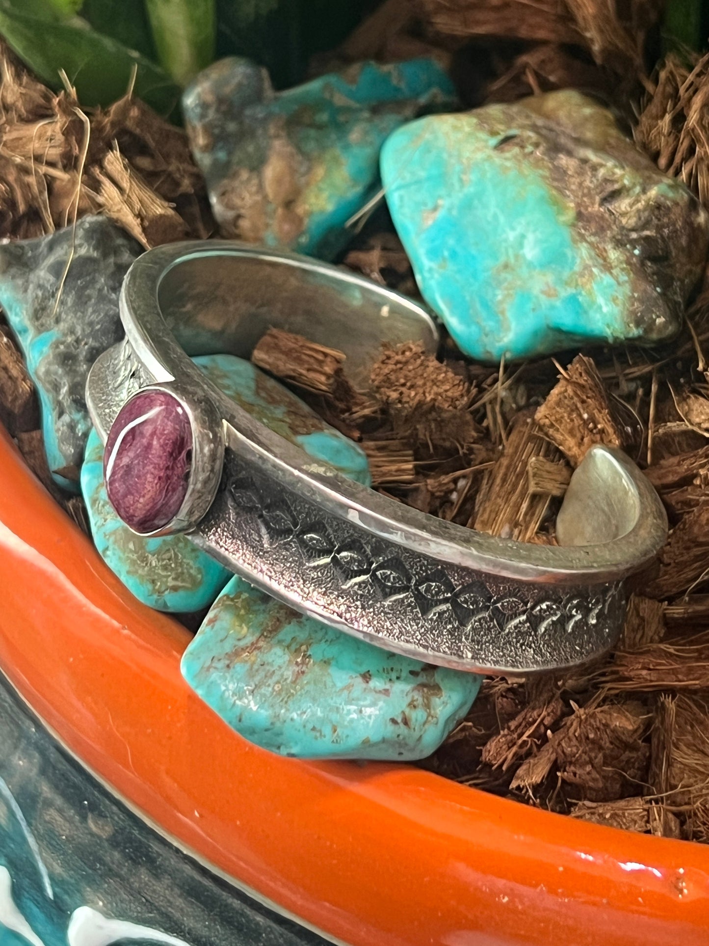 Handcrafted Sterling Silver and Purple Spiny Oyster Tufa Cast Cuff by Gary Custer
