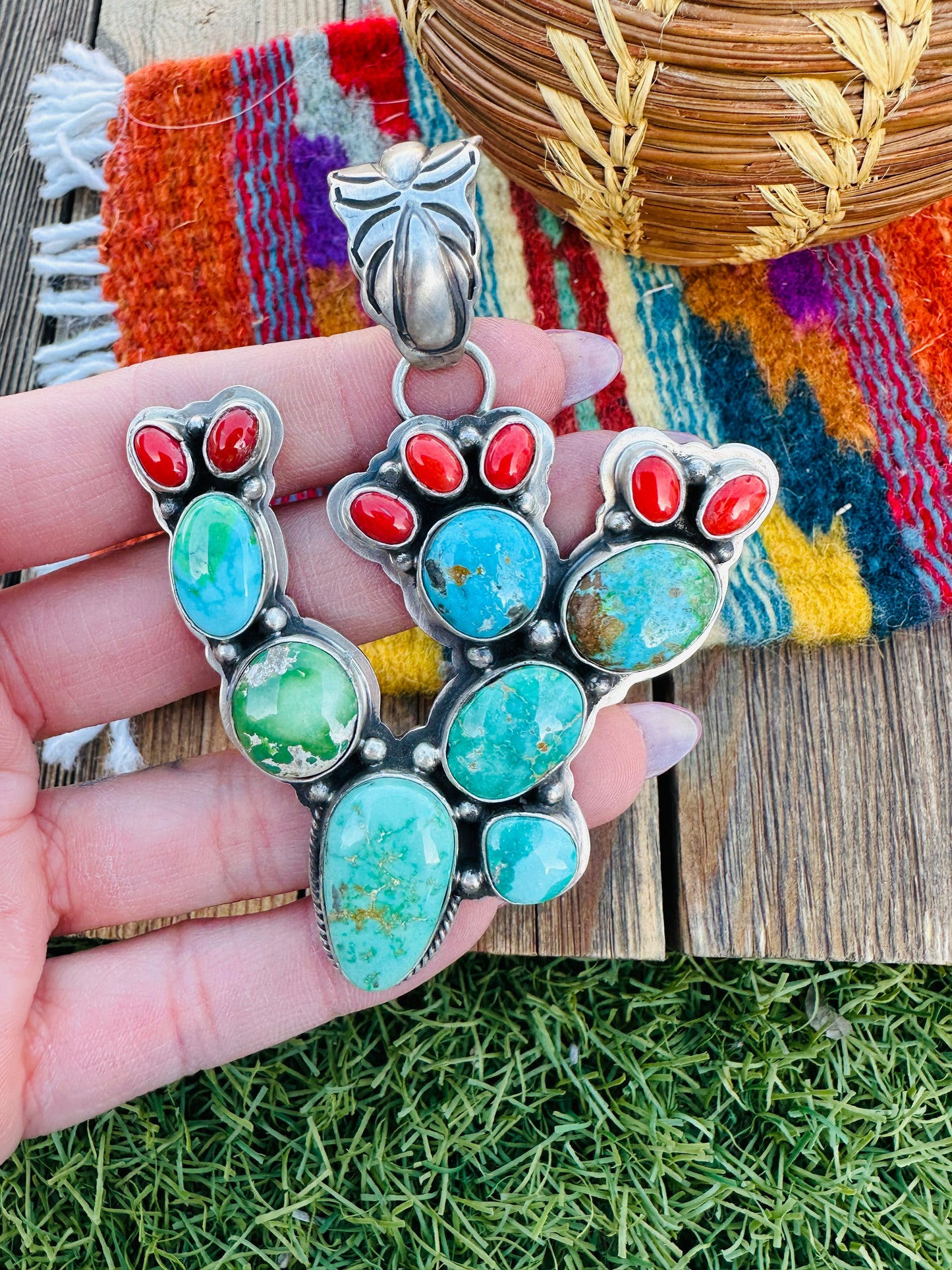 Handcrafted Sterling Silver, Turquoise & Coral Cactus Pendant by Charles Johnson