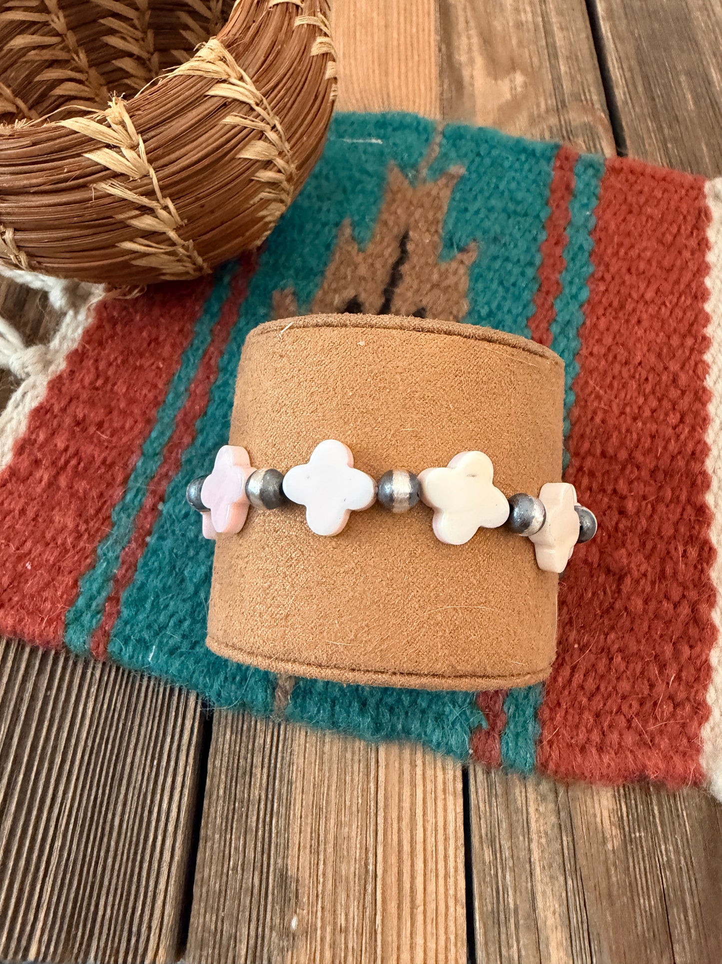 Handcrafted Queen Pink Conch & Sterling Silver Pearl Cross Beaded Stretch Bracelet