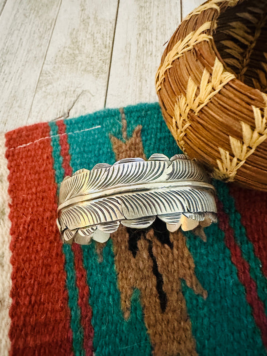 Handcrafted Hand Stamped Sterling Silver Feather Cuff Bracelet