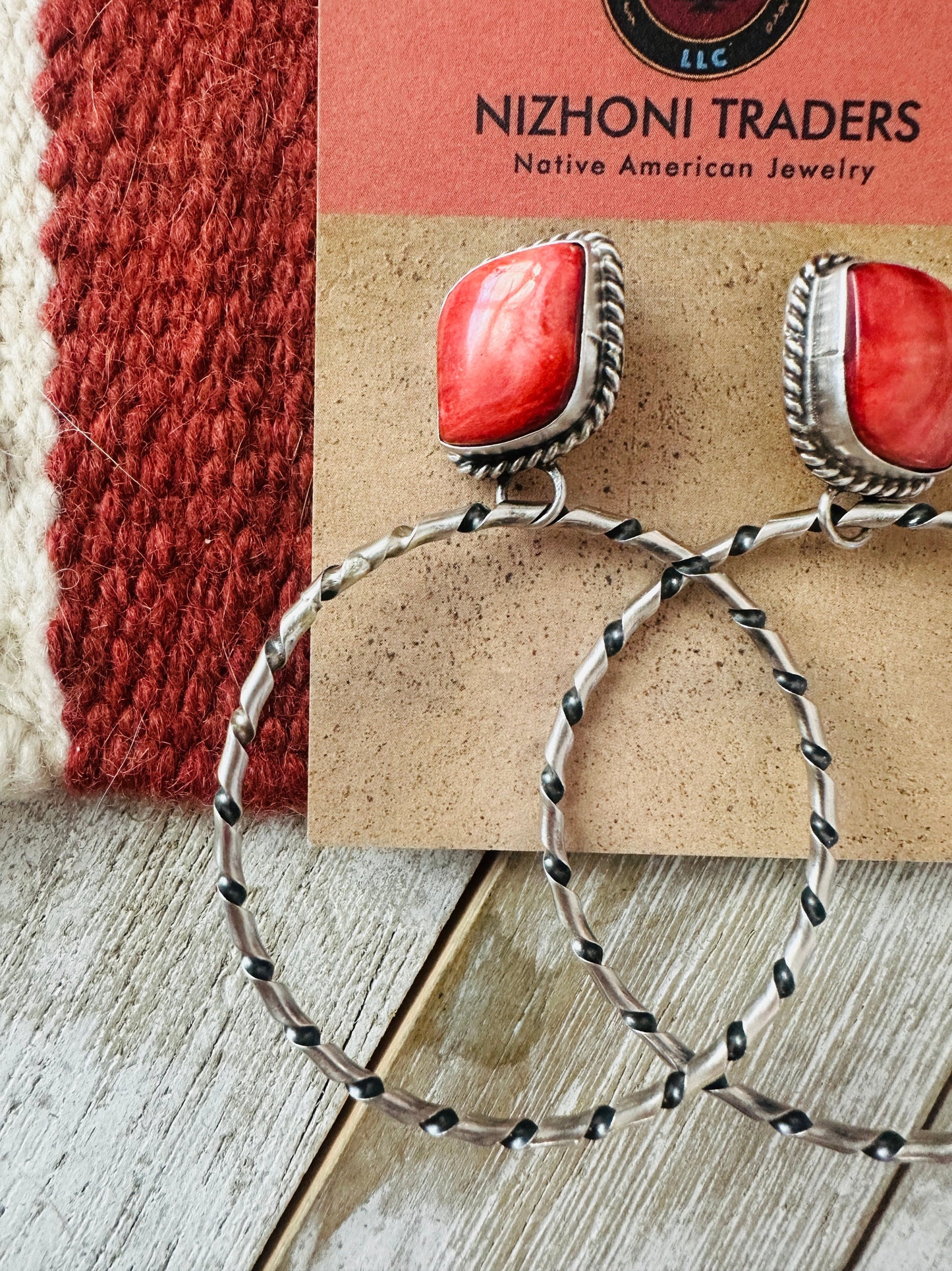 Handcrafted Orange Spiny and Sterling Silver Dangle Hoop Earrings