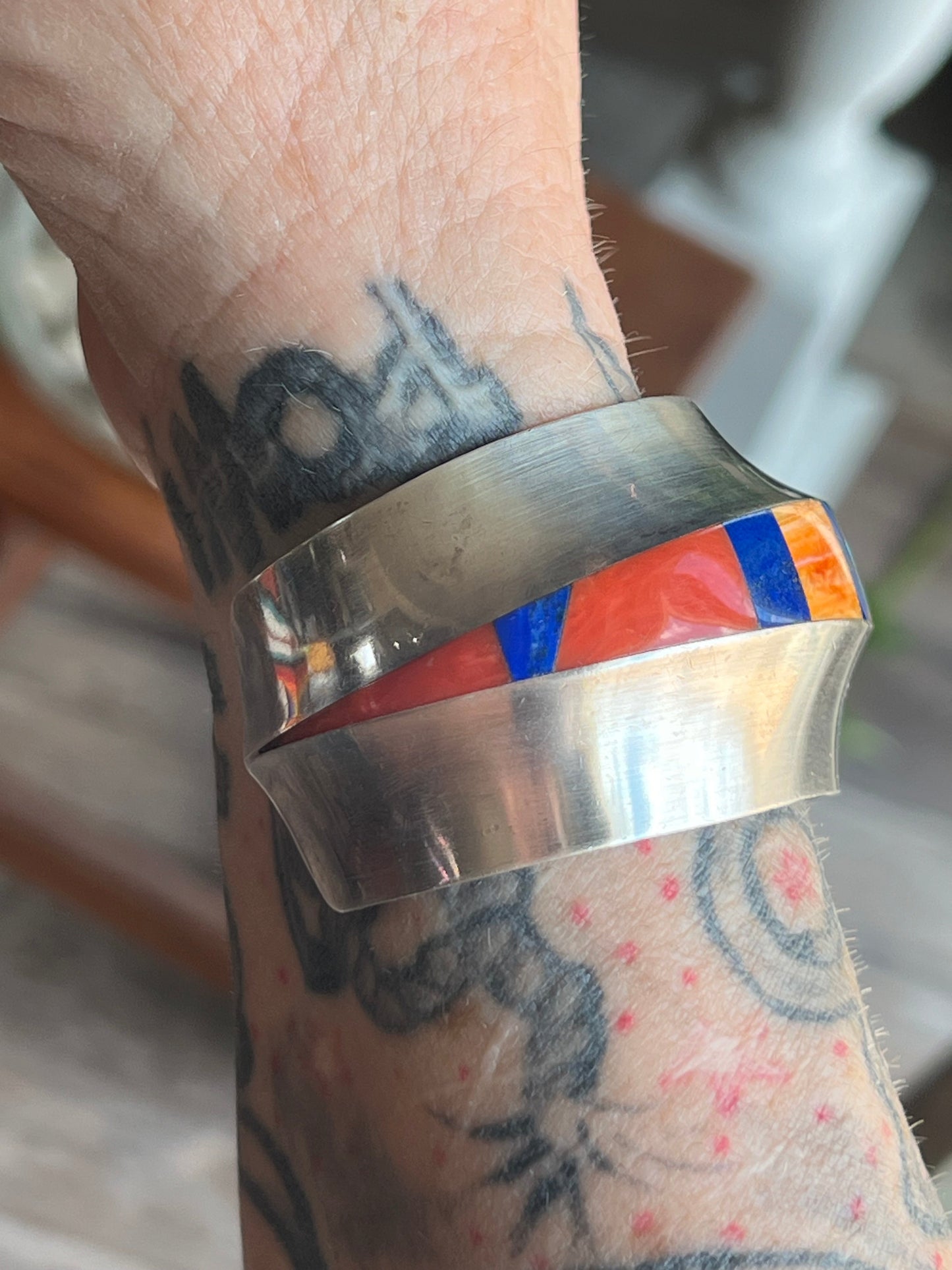 Old Pawn Sterling Silver, Number 8 Turquoise, Lapis, Spiny Oyster and Coral Inlay Cuff Bracelet by Duane Maktima /