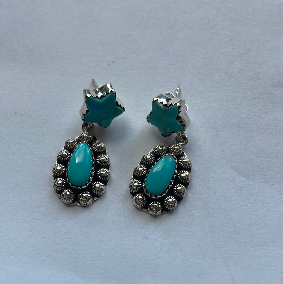 Handmade Star Sterling Silver & Turquoise Dangle Earrings Signed Nizhoni