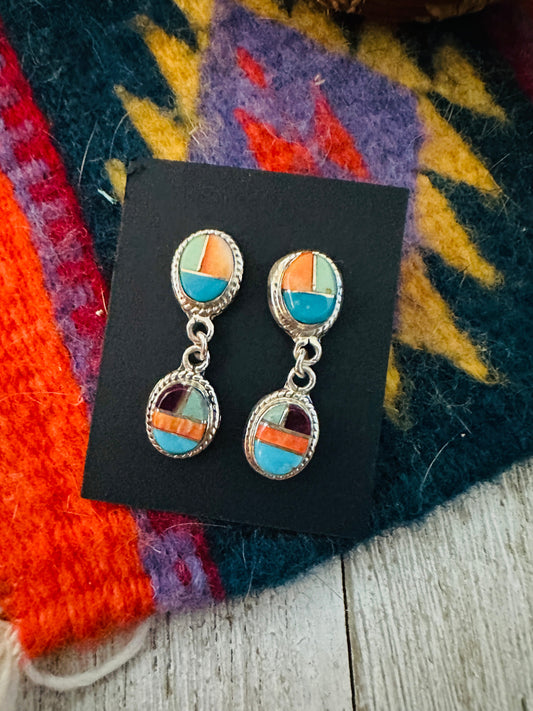 Handcrafted Sterling Silver & Multi Stone Inlay Dangle Earrings