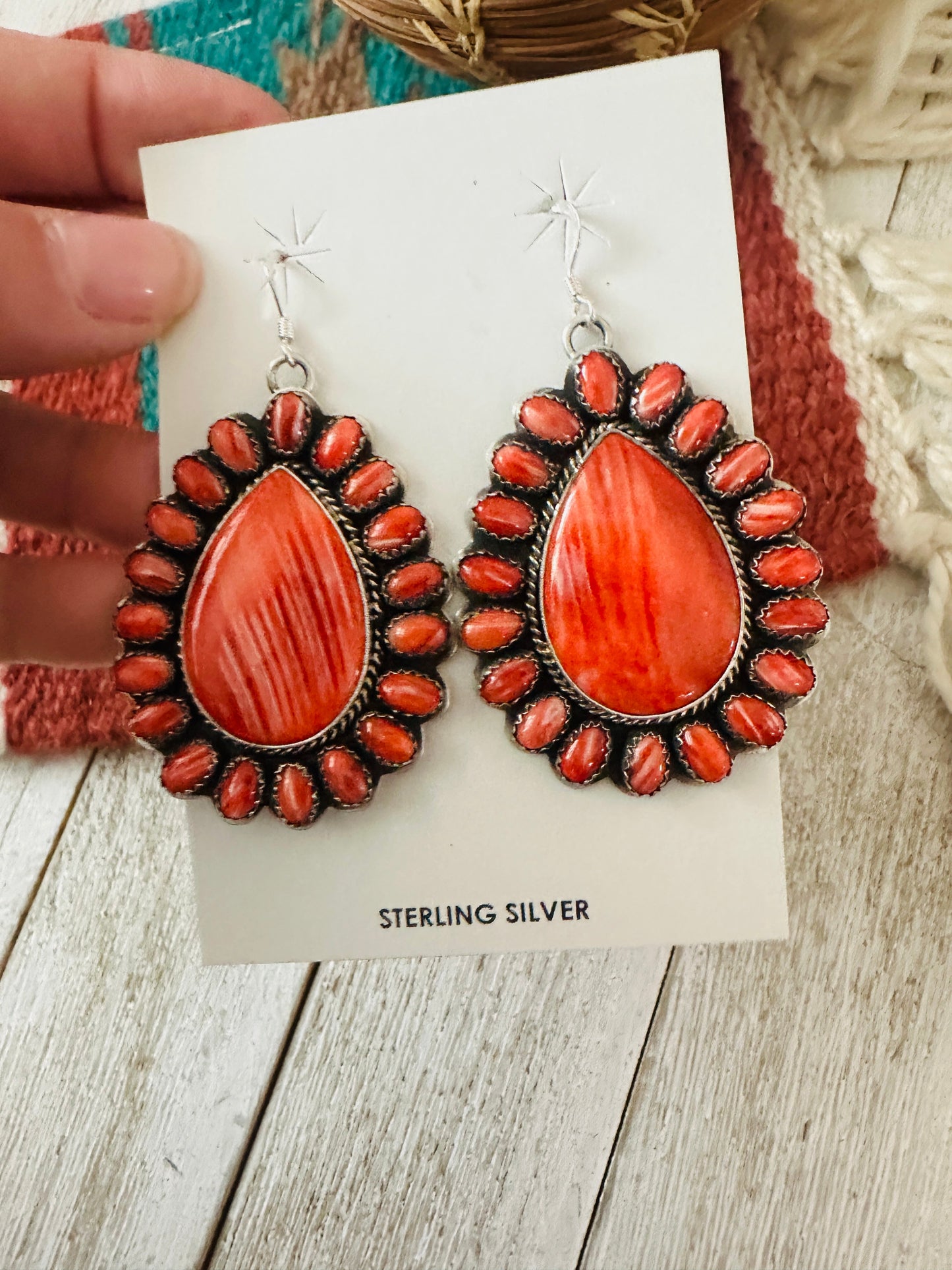 Handcrafted Sterling Silver & Red Spiny Cluster Dangle Earrings