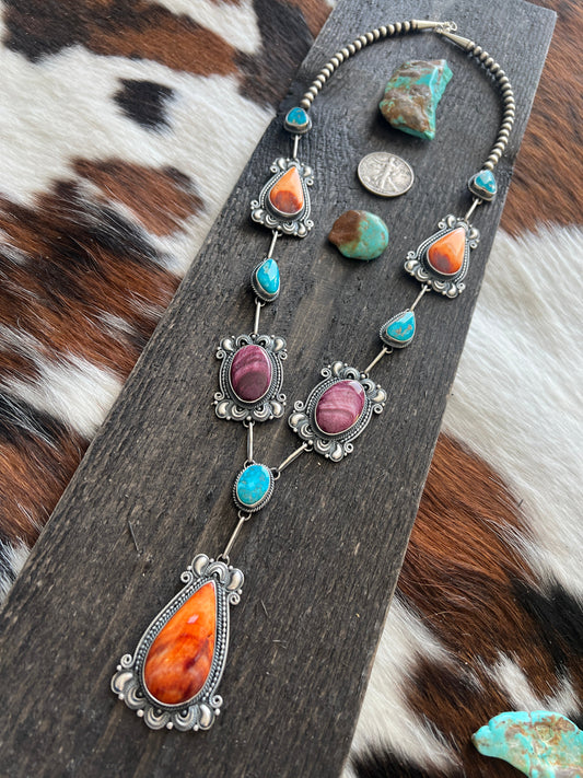 Handcrafted Sterling Silver, Spiny Oyster and Turquoise Link and Bead Electric Rainbow Necklace and Earrings Set by Derrick Gordon