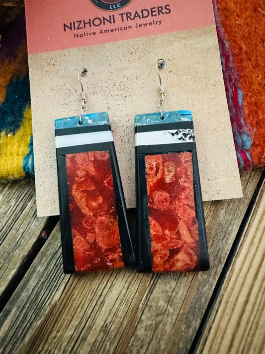 Handcrafted Multi Stone Inlay Slab Dangle Earrings