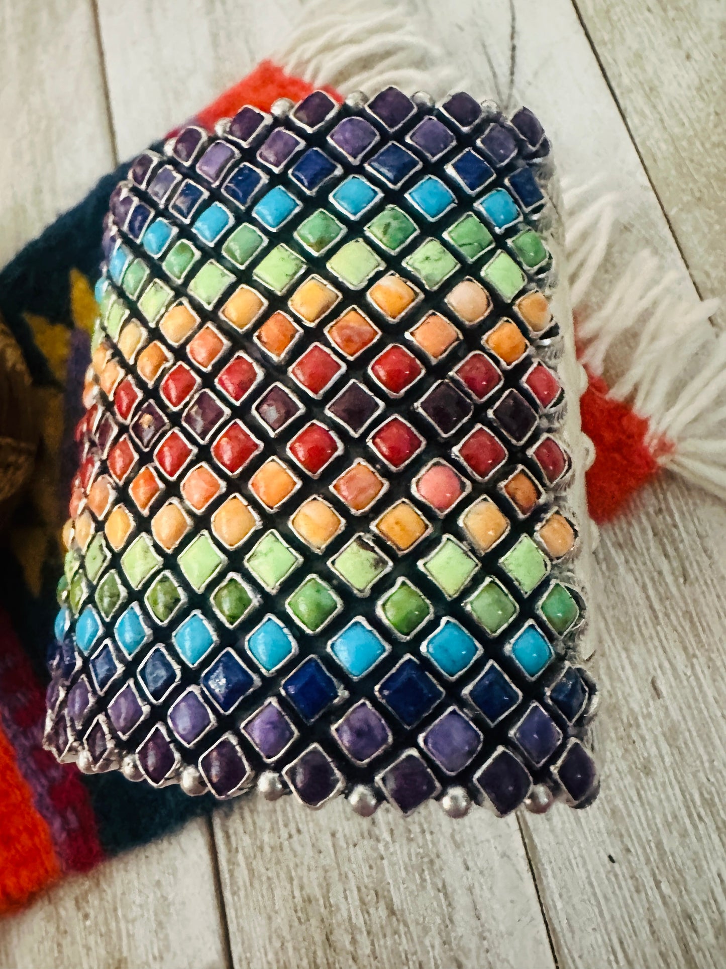 Handcrafted Rainbow Multi Stone & Sterling Silver Cuff Bracelet by Alice Lister