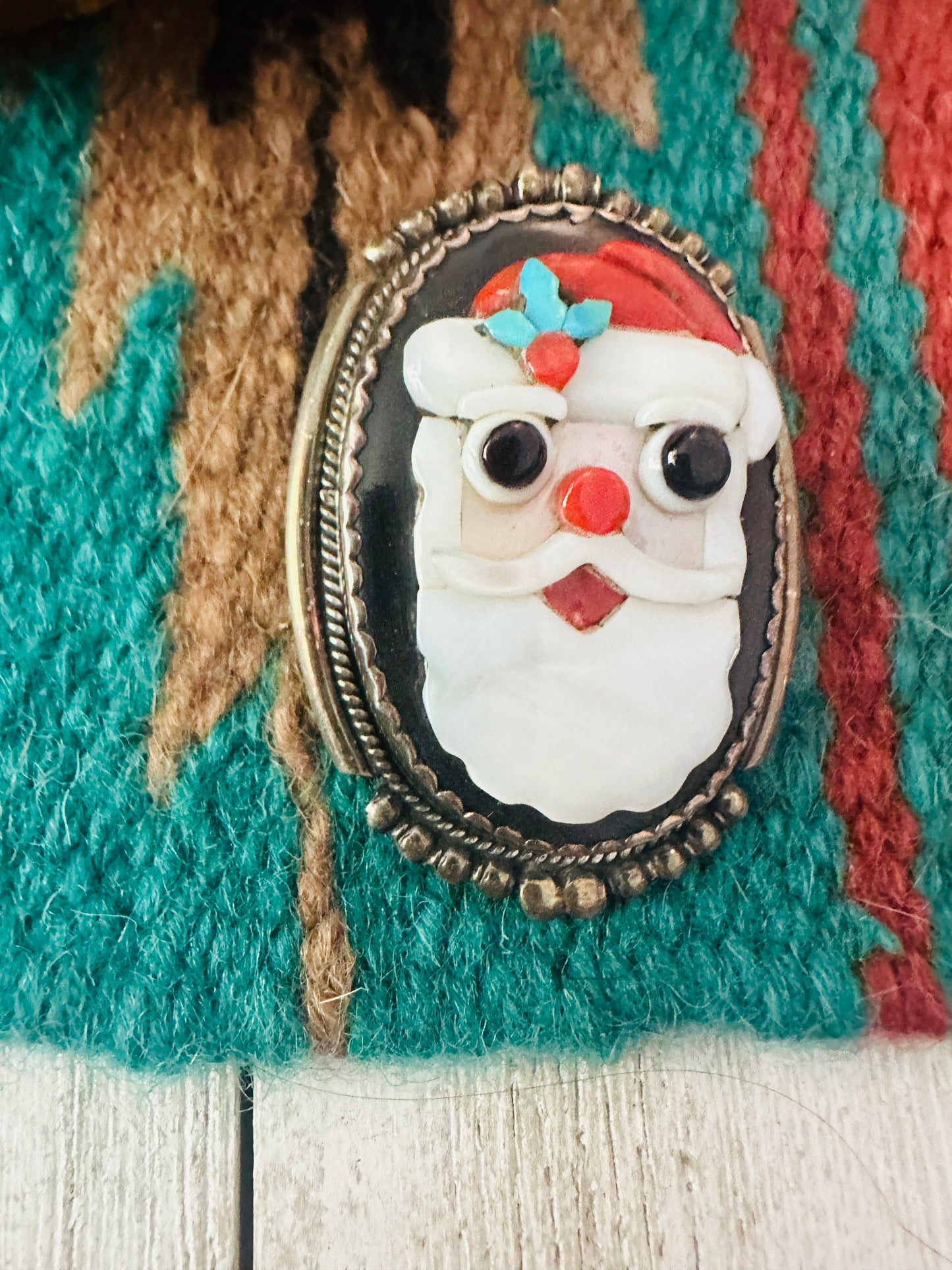 Vintage Handcrafted Multi Stone & Sterling Silver Inlay Santa Clause Brooch