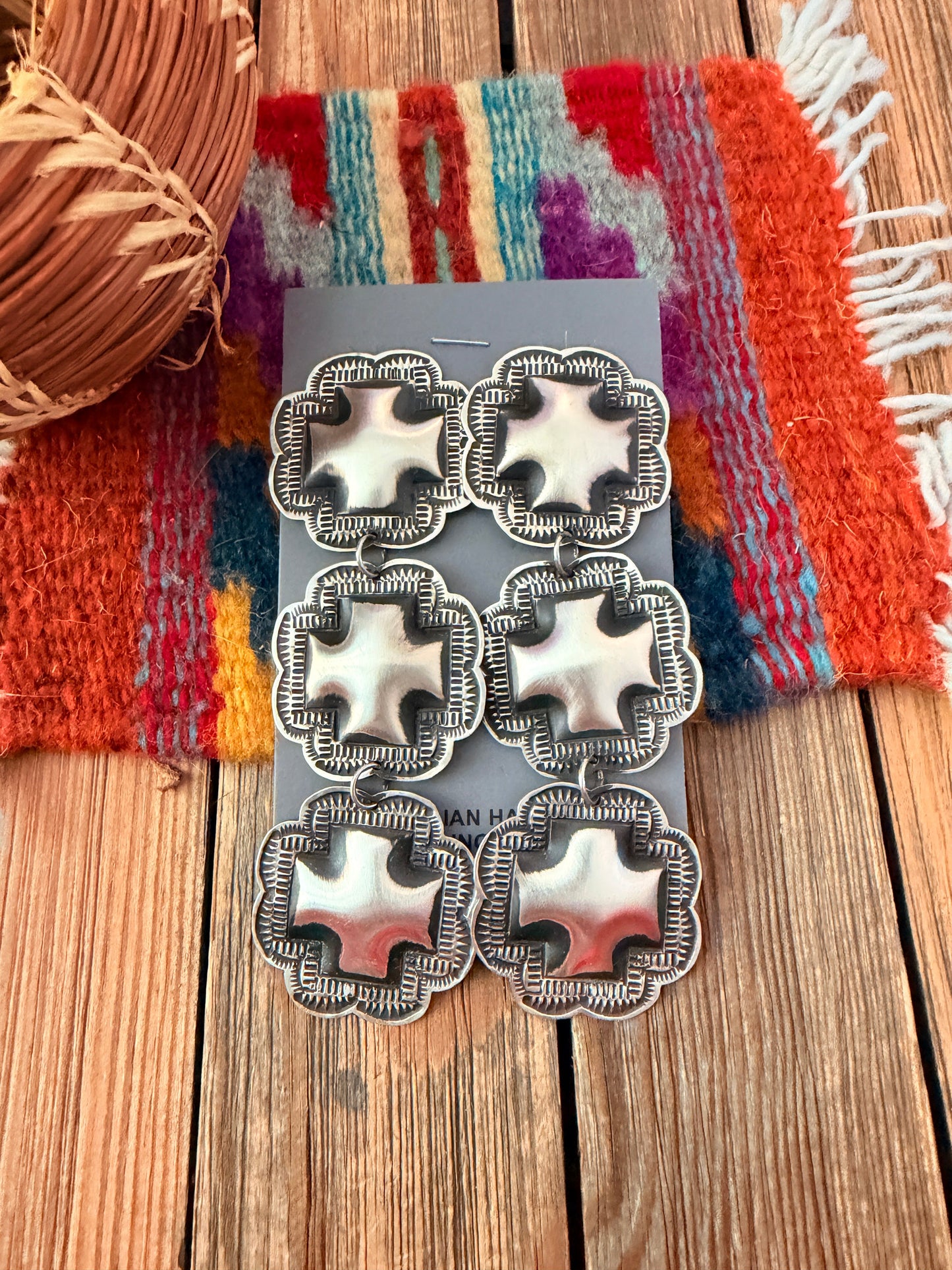 Handcrafted Sterling Silver Concho Cross Dangle Earrings by Leander Tahe