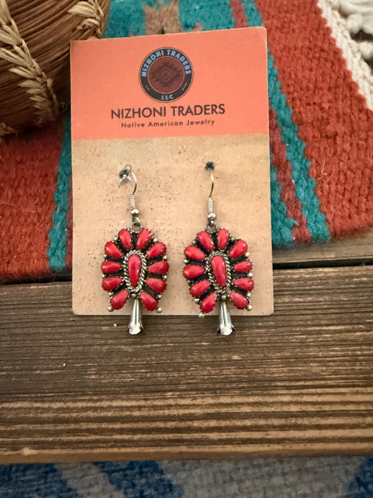 Handcrafted Old Pawn Sterling Silver & Coral Cluster Dangle Earrings