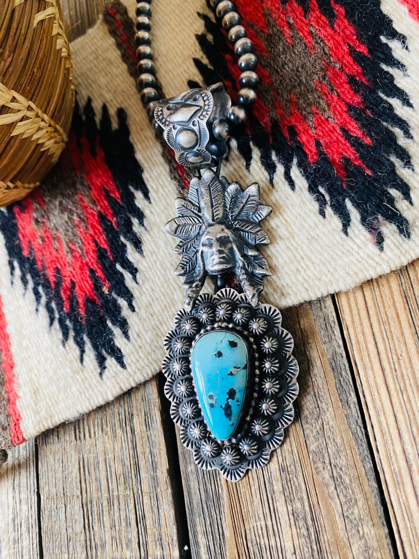 Handcrafted Sterling Kingman Turquoise & Sterling Silver Indian Chief Pendant