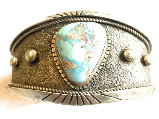 Navajo Golden Hill Turquoise Sterling Silver Cuff Bracelet Signed