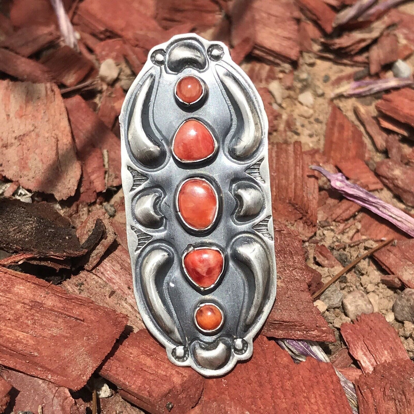 Handcrafted Sterling Silver Orange Spiny Oyster 5 Stone Ring