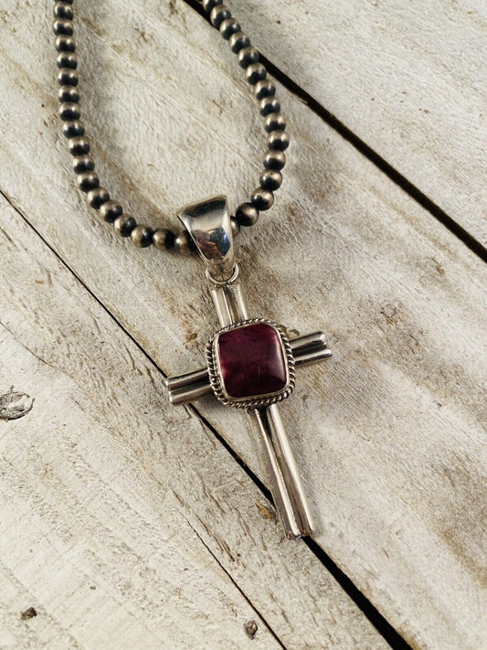 Handcrafted Sterling Silver & Purple Spiny Oyster Cross Pendant Signed