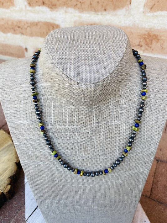 Handcrafted Lapis, Gaspeite And Sterling Silver Handcrafted Pearl Beaded Necklace