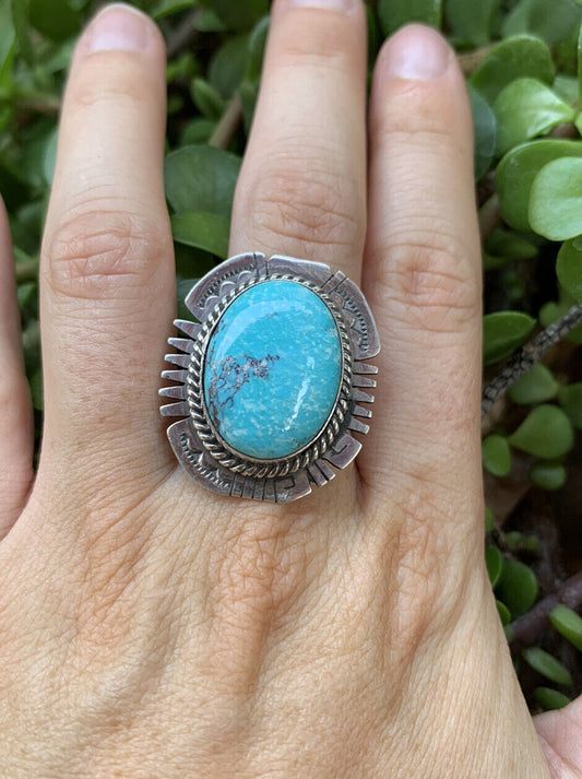 Handcrafted Kingman Turquoise Stamped Sterling Silver  Signed Statement Ring