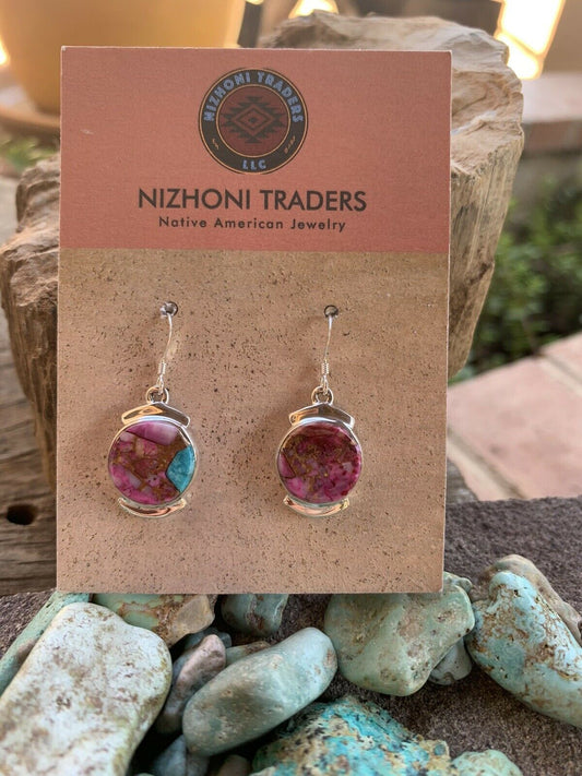 Navajo Pink Dream Mohave Sterling Silver Circle Dangle Earrings