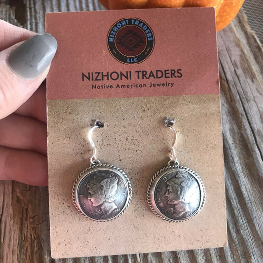 Kee- J Sterling Silver Turquoise Liberty Coin Dangle Earrings