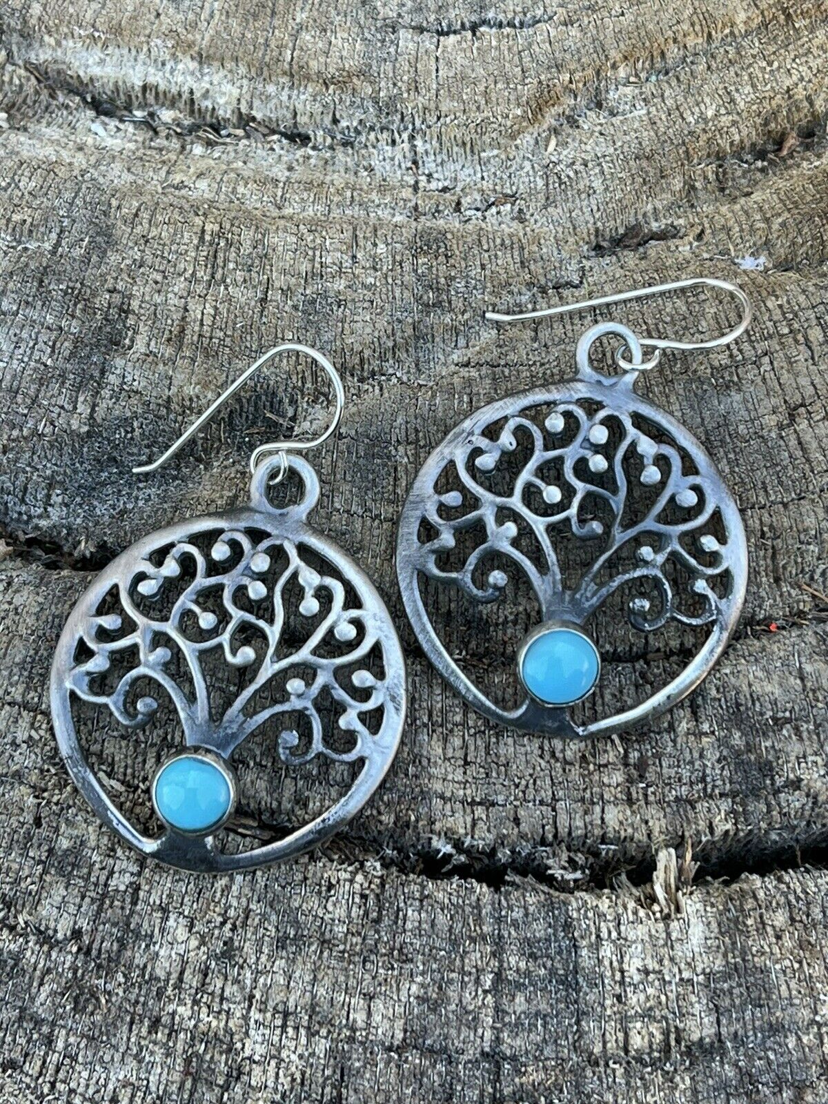 Navajo Sterling Silver Turquoise Tree Of Life Dangle Earrings