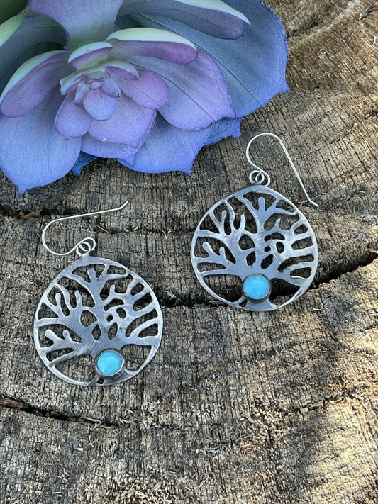 Handcrafted Sterling Silver Turquoise Tree Of Life Dangle Earrings