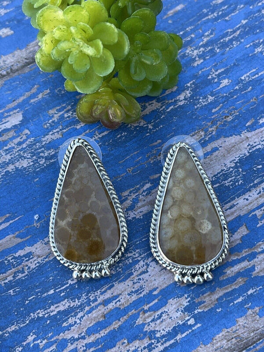 Handcrafted Fossilized Coral & Sterling Silver Post Earrings Signed