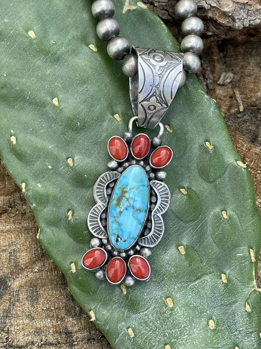 Handcrafted Sterling Kingman Web Turquoise & Red Coral Pendant Taos Collection