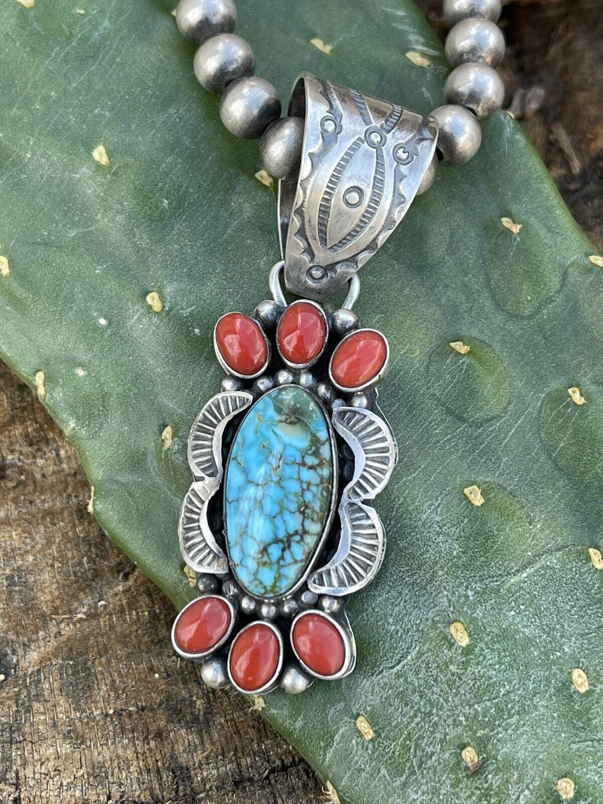 Handcrafted Sterling Kingman Web Turquoise & Red Coral Pendant Taos Collection