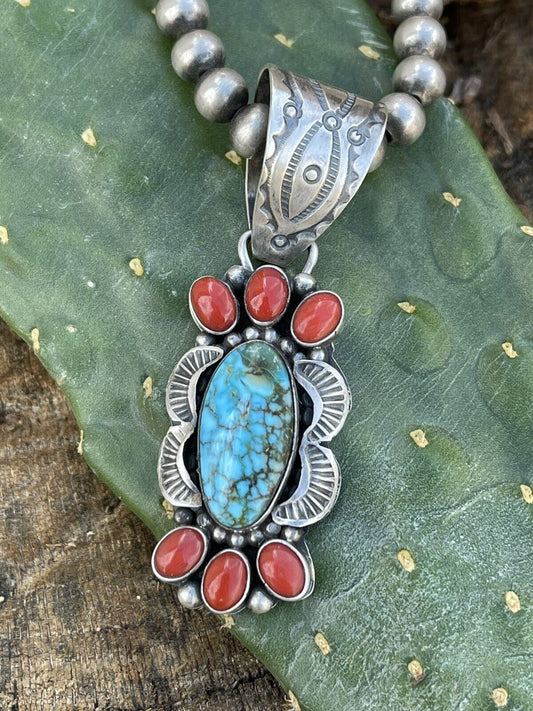 Handcrafted Sterling Kingman Web Turquoise & Red Coral Pendant Taos Collection