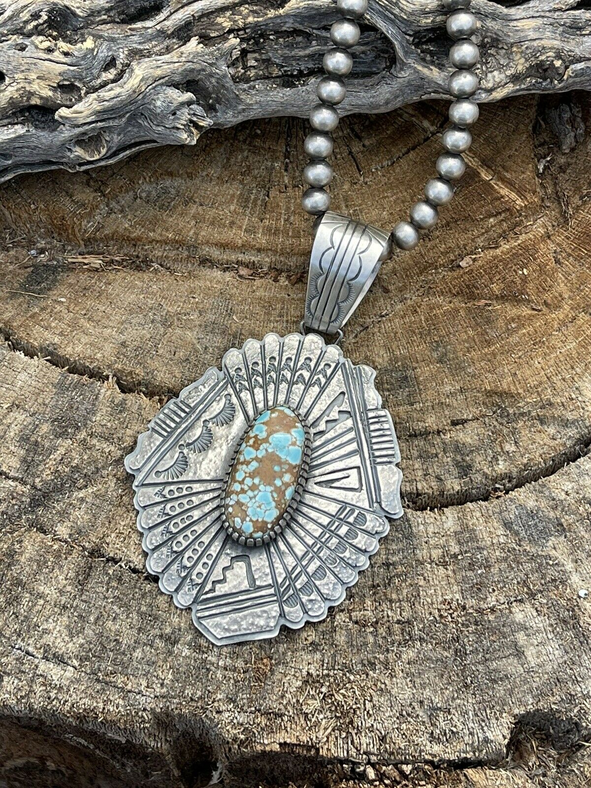 Handcrafted Number 8  Turquoise & Sterling Tufa Cast Jumbo Pendant Signed