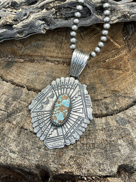 Handcrafted Number 8  Turquoise & Sterling Tufa Cast Jumbo Pendant Signed
