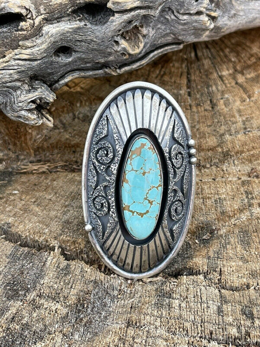 Handcrafted Number 8 Turquoise & Sterling Silver Statement Ring Size 8.5 Signed