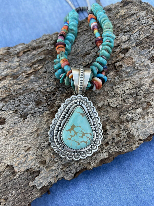Handcrafted Number 8 Turquoise & Sterling Silver Jumbo Pendant Signed