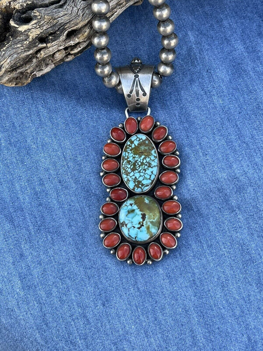 Handcrafted Sterling 2 Stone Kingman Web Turquoise & Red Coral Taos Pendant