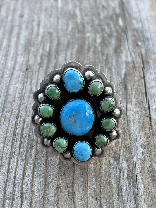 Handcrafted Sterling Sonoran Gold And Golden Hills Turquoise Cluster Ring Size 8.5
