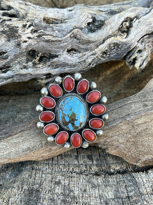 Handcrafted Sterling Silver Kingman Web Turquoise & Red Coral Taos Ring Sz 7.5