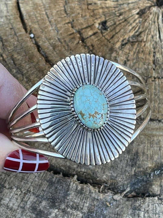 Handcrafted Sterling Silver & Number 8 Turquoise Signed Lined Cuff Signed