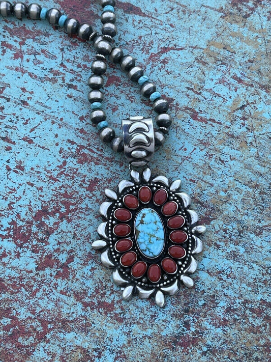 Handcrafted Sterling Kingman Web Turquoise & Red Coral Taos Ornate Pendant D. Clark
