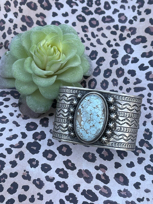 Handcrafted Handmade Sterling & Number 8 Turquoise Signed Cuff Signed Danny Clark
