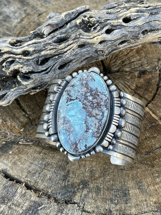 Handcrafted Handmade Sterling Silver & Number 8 Turquoise Signed Cuff Signed