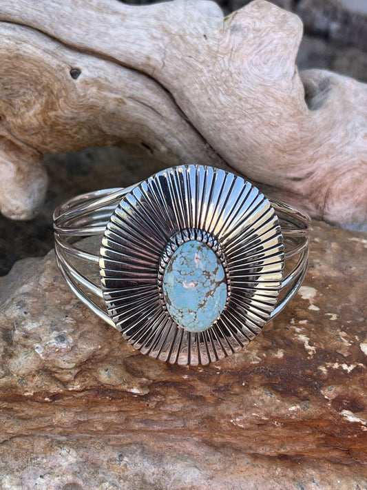 Handcrafted Handmade Sterling Silver & Number 8 Turquoise Signed Lined Cuff Signed