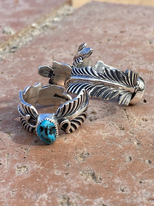 Handcrafted Feather Turquoise And Sterling Silver Adjustable Ring