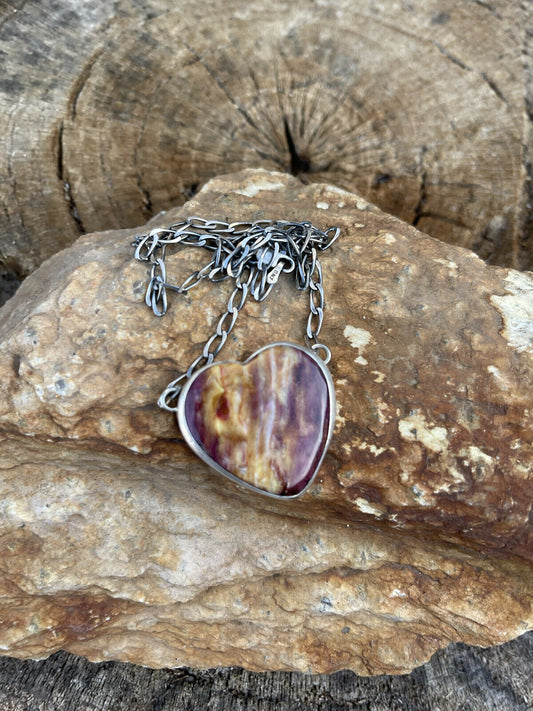 Handcrafted Purple Spiny And Sterling Silver Heart Necklace Signed