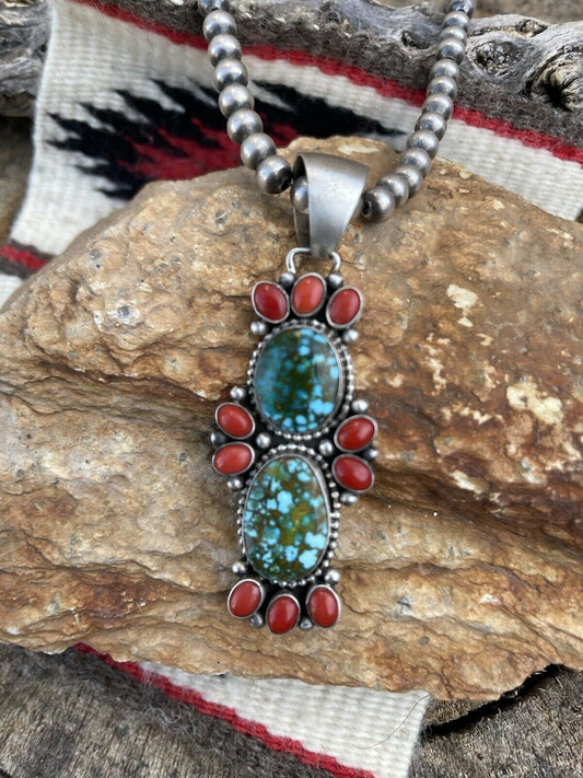 Handcrafted Sterling Kingman Web Turquoise & Red Coral Taos Pendant Bea Tom