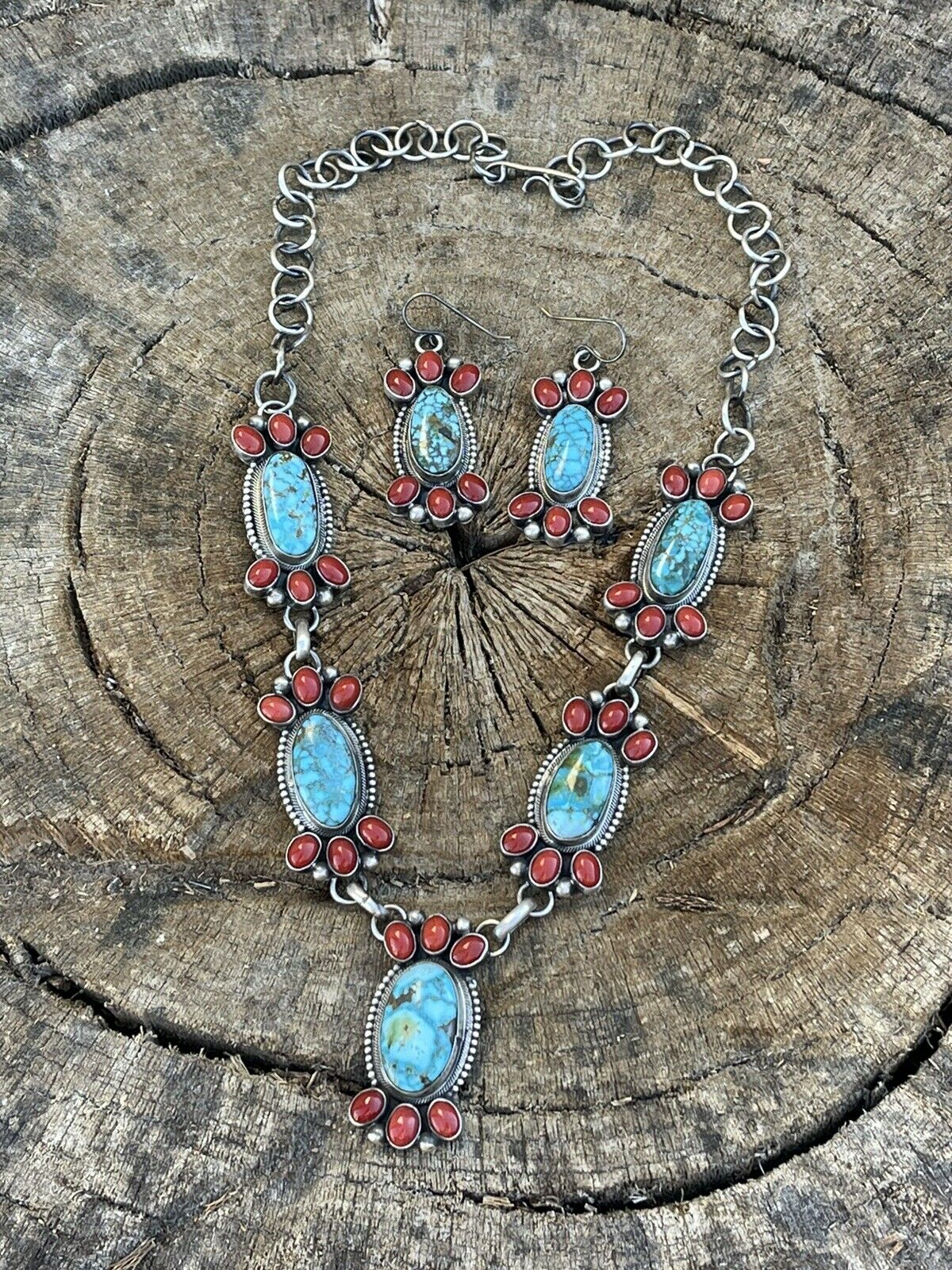 Handcrafted Sterling Kingman Turquoise Natural Red Coral Necklace Set Taos Collection