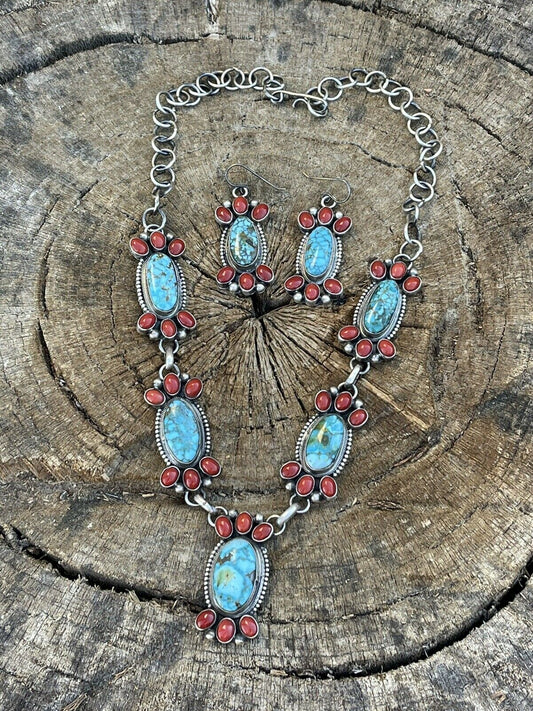 Handcrafted Sterling Kingman Turquoise Natural Red Coral Necklace Set Taos Collection