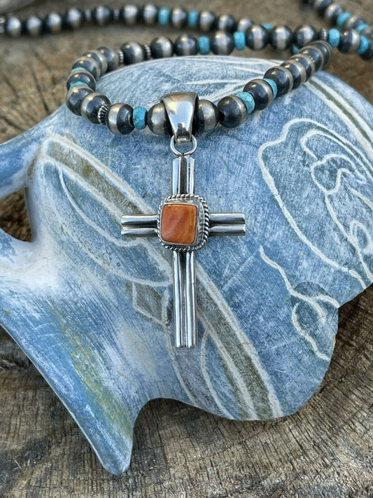 Navajo Sterling Silver & Orange Spiny Shell Cross Pendant Signed
