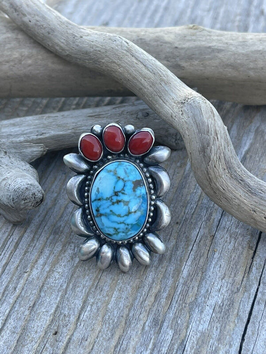 Handcrafted Sterling Kingman Web Turquoise & Red Coral Taos Collection Ring by Danny Clark, Sz 6.5