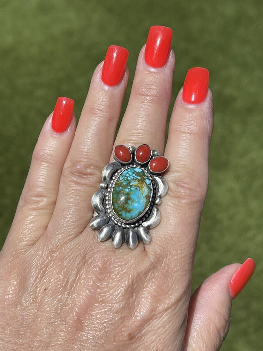 Handcrafted Sterling Kingman Web Turquoise & Red Coral Taos Collection Ring by Danny Clark, Sz 6.5