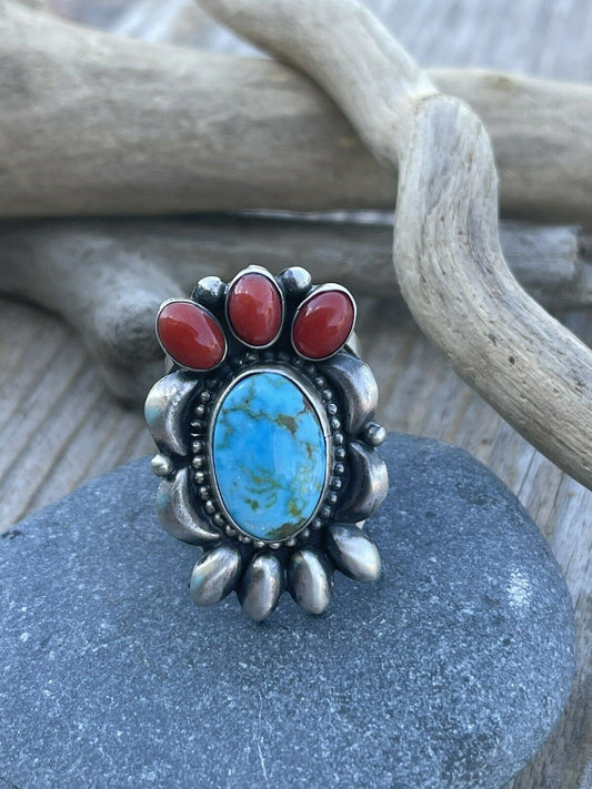 Handcrafted Sterling Kingman Web Turquoise & Red Coral Taos Collection Ring by Danny Clark, Sz 7.5